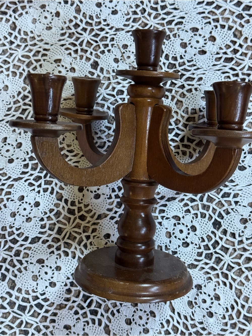 Vintage Wooden 5-Arm Candelabra Candle Holder Mid Century Colonial Decor